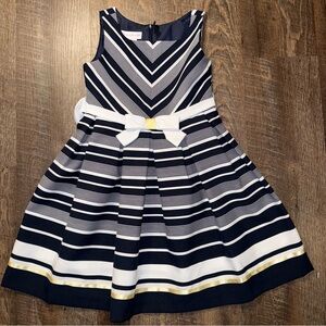 Bonnie Jean Navy and White Striped Kids Dress with Gold Accents Girls Size 7